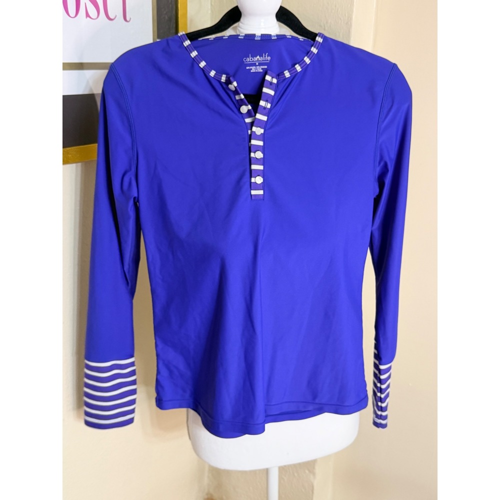 Cabana Life Womens Royal Blue Striped Henley Long Sleeve Rash Guard Size M